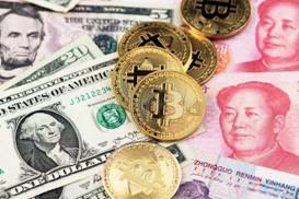 US and China finance trade war concept. Bitcoin Cryptocurrency coins and US Dollar and Yuan China currency banknotes. Bitcoin Cryptocurrency USA China Trade War Dollar Yuan. China cryptocurrency stock images, royalty-free photos and pictures